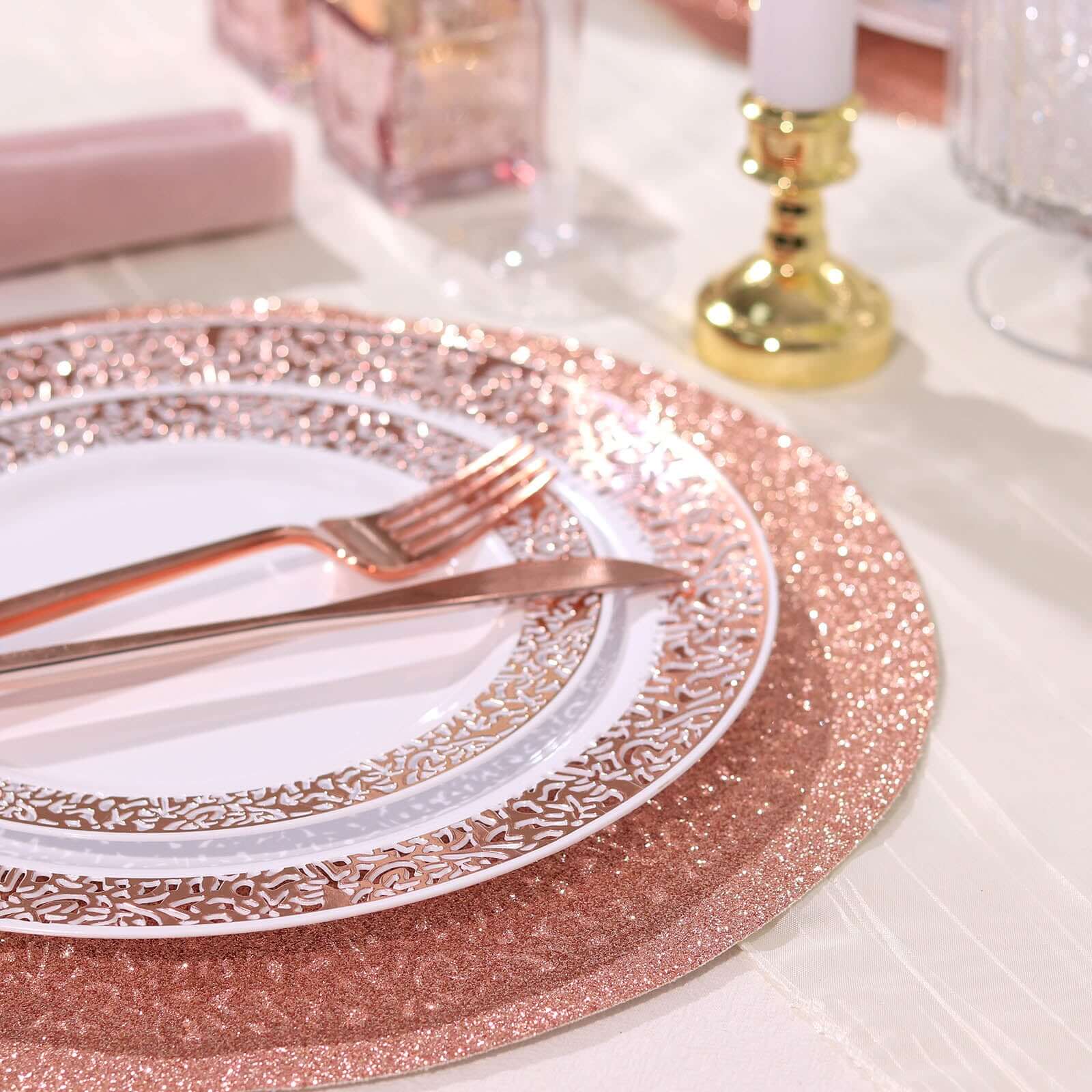 6 Pack Rose Gold Sparkle Placemats, Non Slip Decorative Round Glitter Table Mat