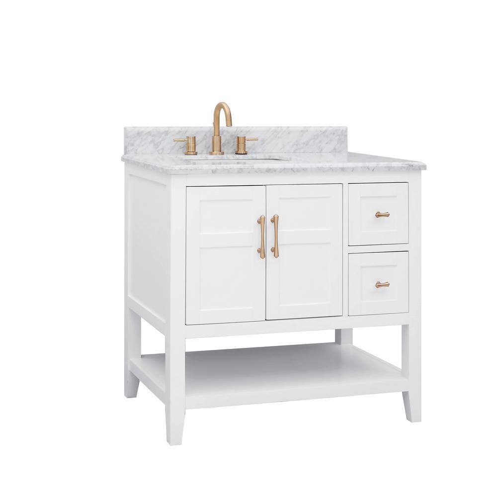 Home Decorators Collection Sturgess Open Shelf 37 in. W x 22. D x 35. H Vanity in White with White Marble Vanity Top 19111S-VS37C-WT