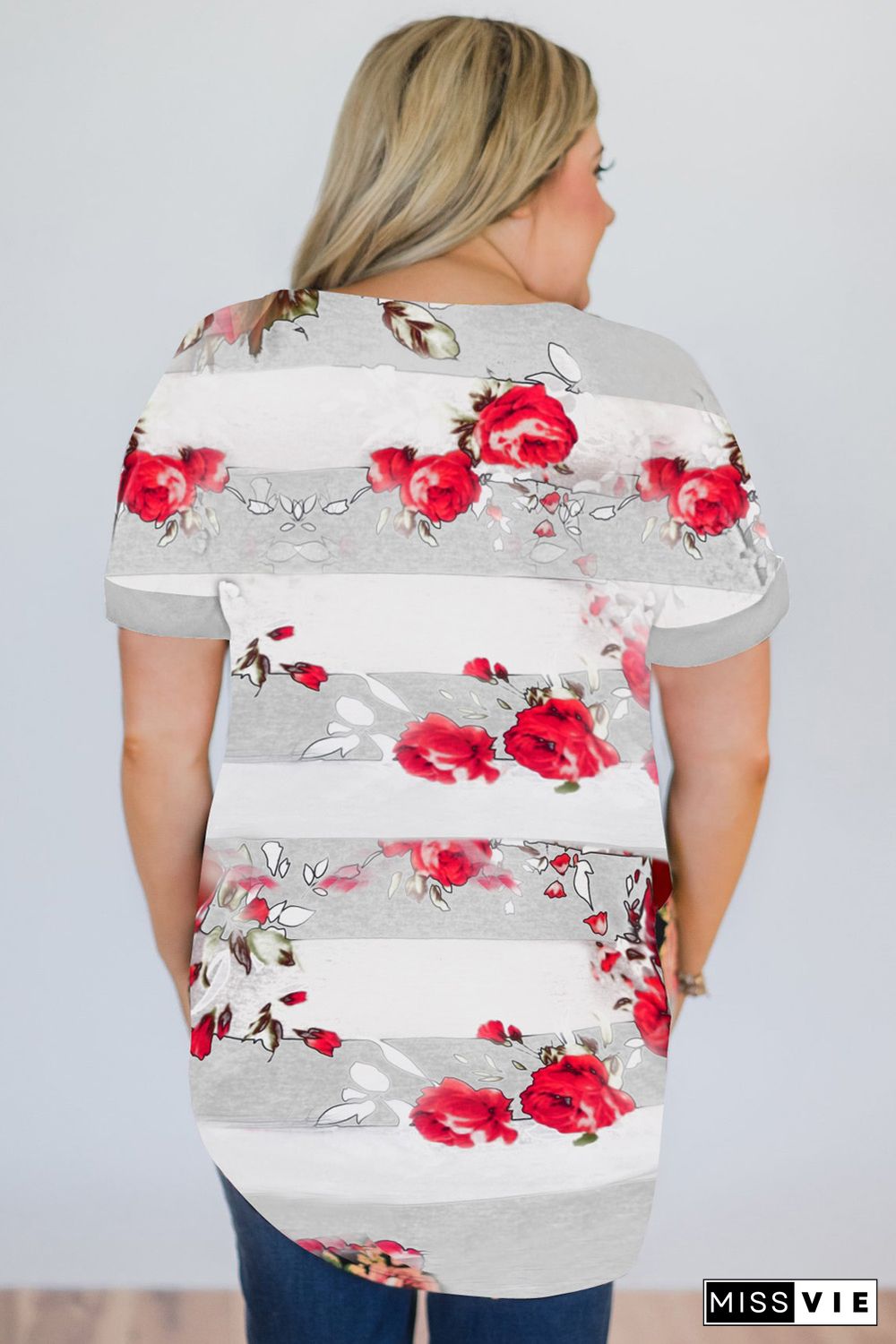 White Plus Size Striped Floral Short Sleeve Top