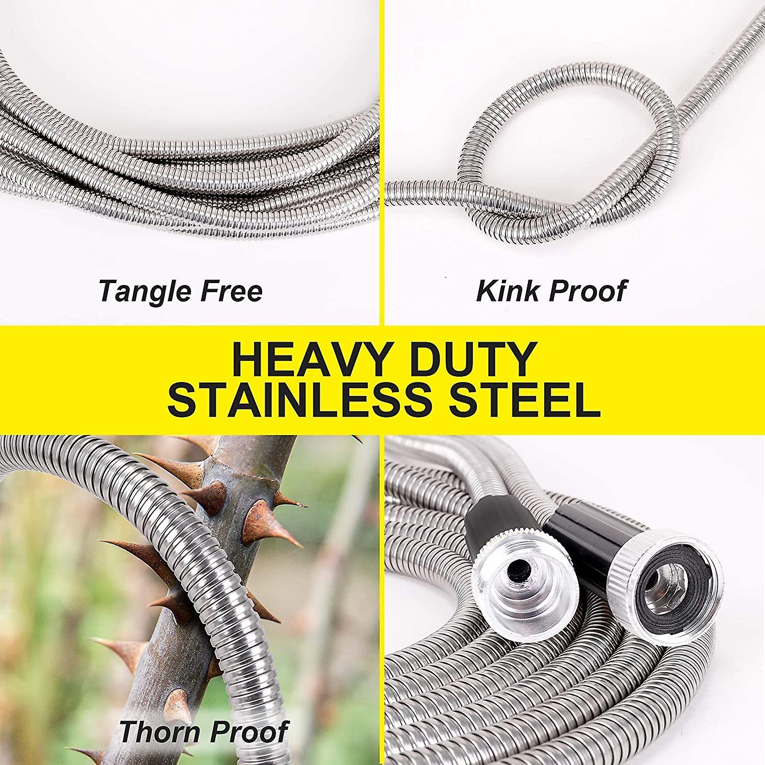 Metal Garden Hose 50 Ft - Stainless Steel Water Hose With 2 Nozzles， Lightweight， Tangle Free and Kink Free， Heavy Duty， High Pressure， Flexible， Dog Pr