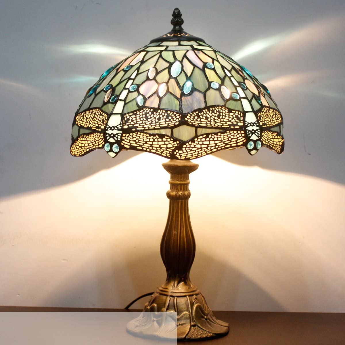 SHADY Tiffany Lamp Sea Blue Stained Glass Table Lamp 12X12X18 Inches Dragonfly Style Desk Reading Light Decor Beside Bedroom Living Room Home Office S147 Series