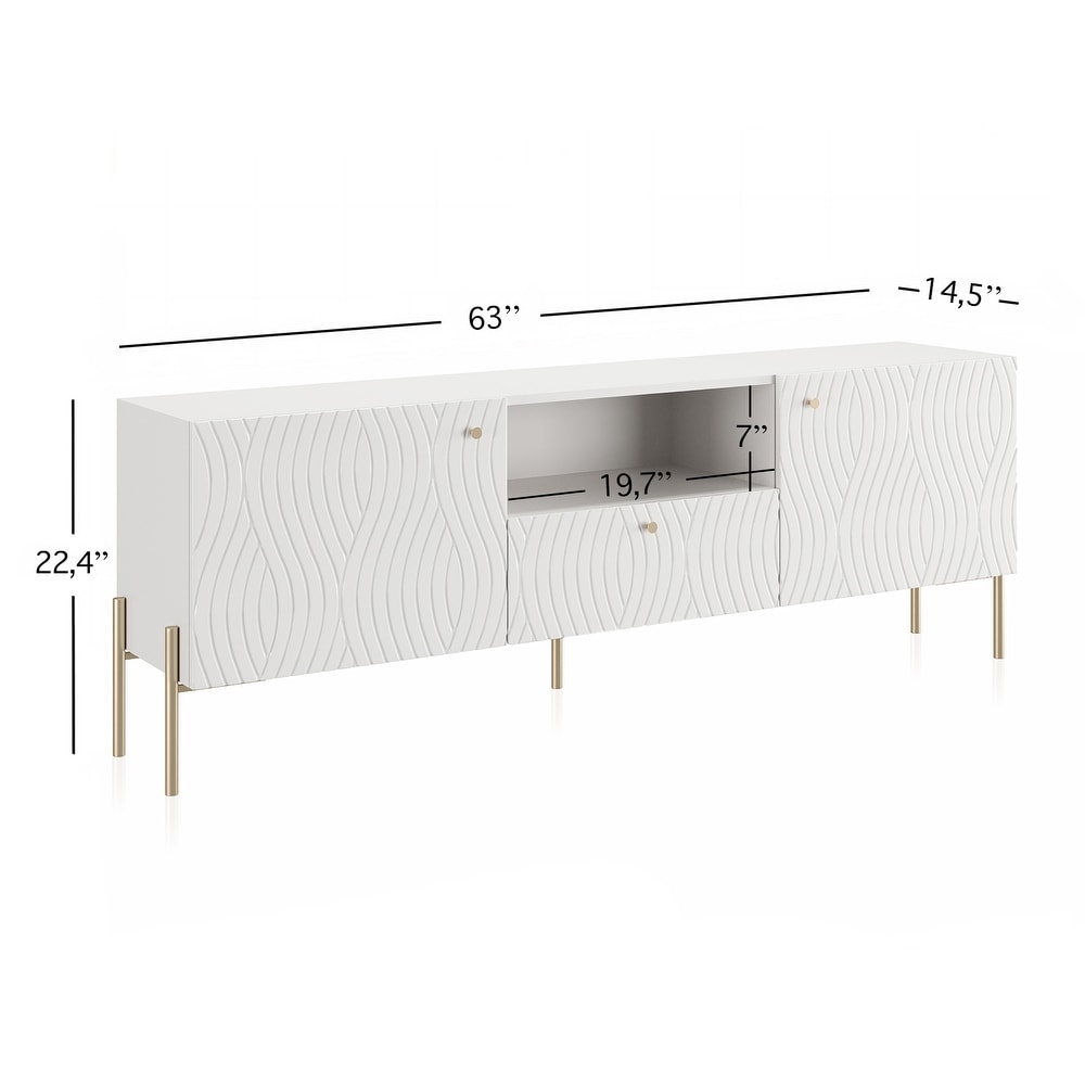 Living Skog Stella White TV Stand with 1 Drawer Fits TV's up to 70 in. with Steel Legs and Cable Management Art Deco Design