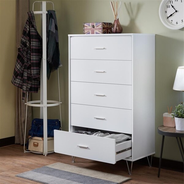 Wood Chest， Dresser Storage Cabinet with 5 Drawers， Metal Legs， White - - 35613526