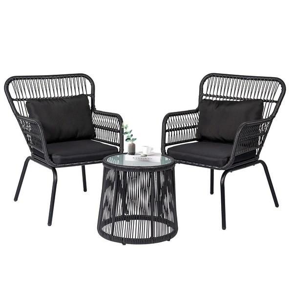 3 Piece Outdoor Wicker Conversation Bistro Set，AllWeather Rattan Furniture Patio Chairs Set with Cushions