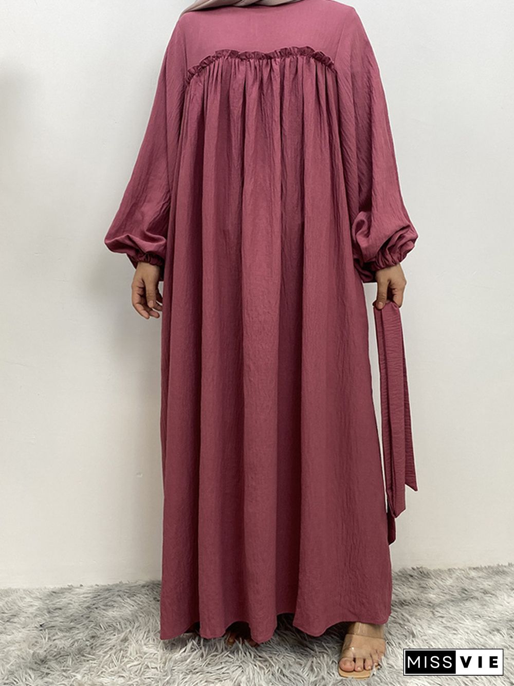 Bishop Sleeve Long Sleeves Elasticity Muslim Pleated Solid Color Split-Joint Tied Waist Round-Neck Maxi Dresses