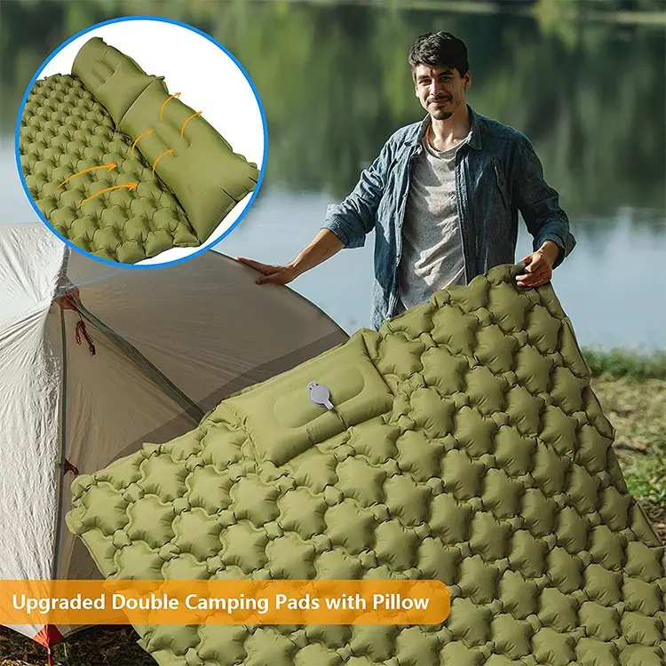 Outdoor Hiking Traveling 2 Person Extra Thickness Upgraded Foot Press Self Inflating Double Camping Sleeping Pad Mat with Pillow