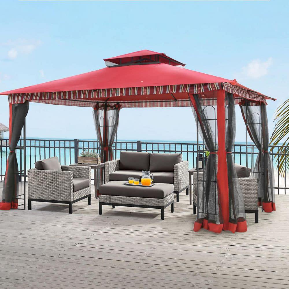 JOYSIDE 13 ft x 11 ft Red Steel Outdoor Patio Gazebo with Mosquito Netting