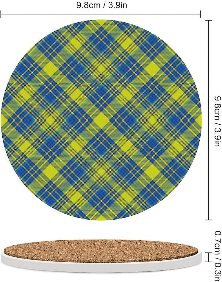 6pcs Round Yellow Argyle Plaid Tartan Texture Ceramic Coasters With Cork-backed For Coffee Drink Cup Mat Absorbent Stone Coasters