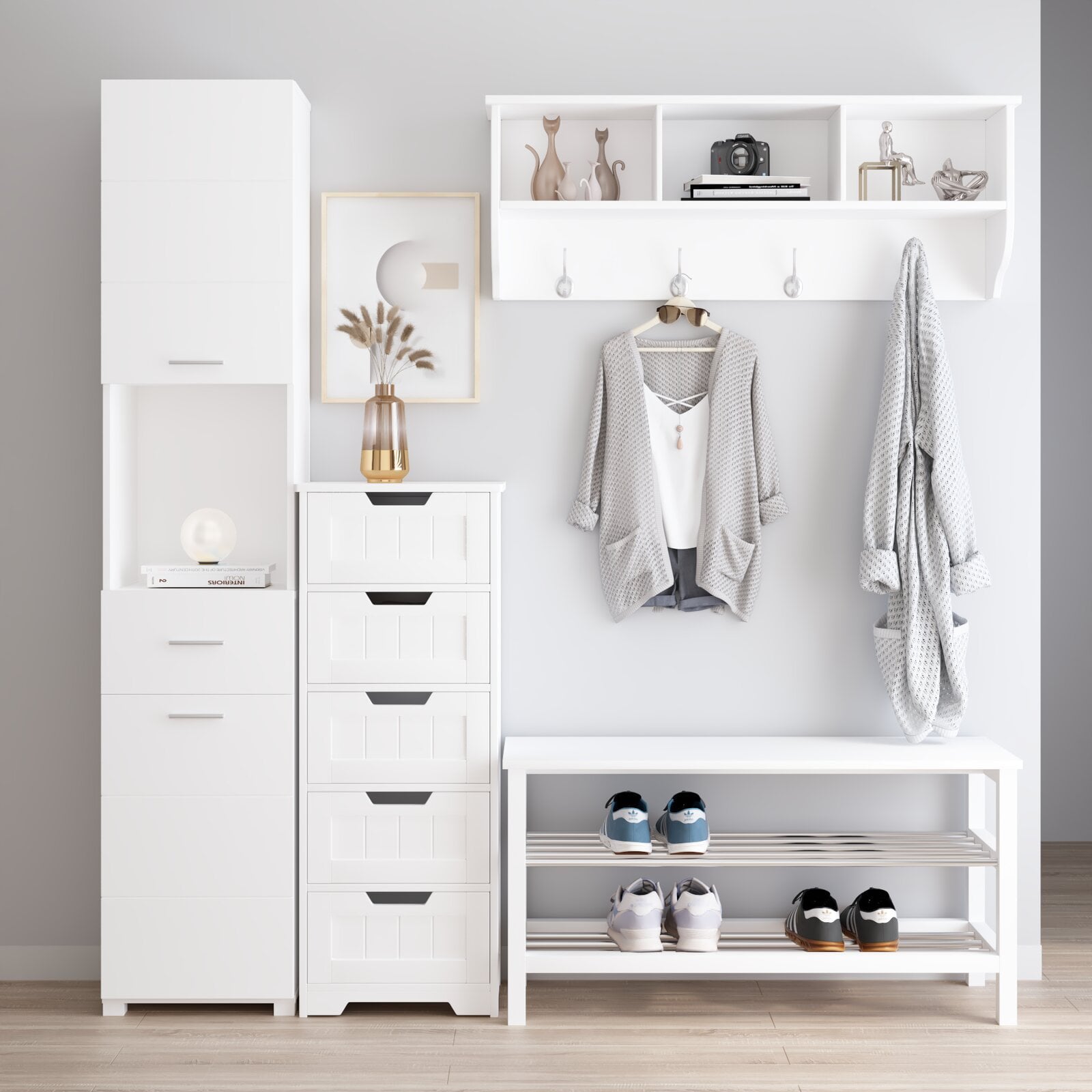 Homfa Bedroom Dresser with 5 Drawers, Wooden Bathroom Linen Cabinet, White Finish