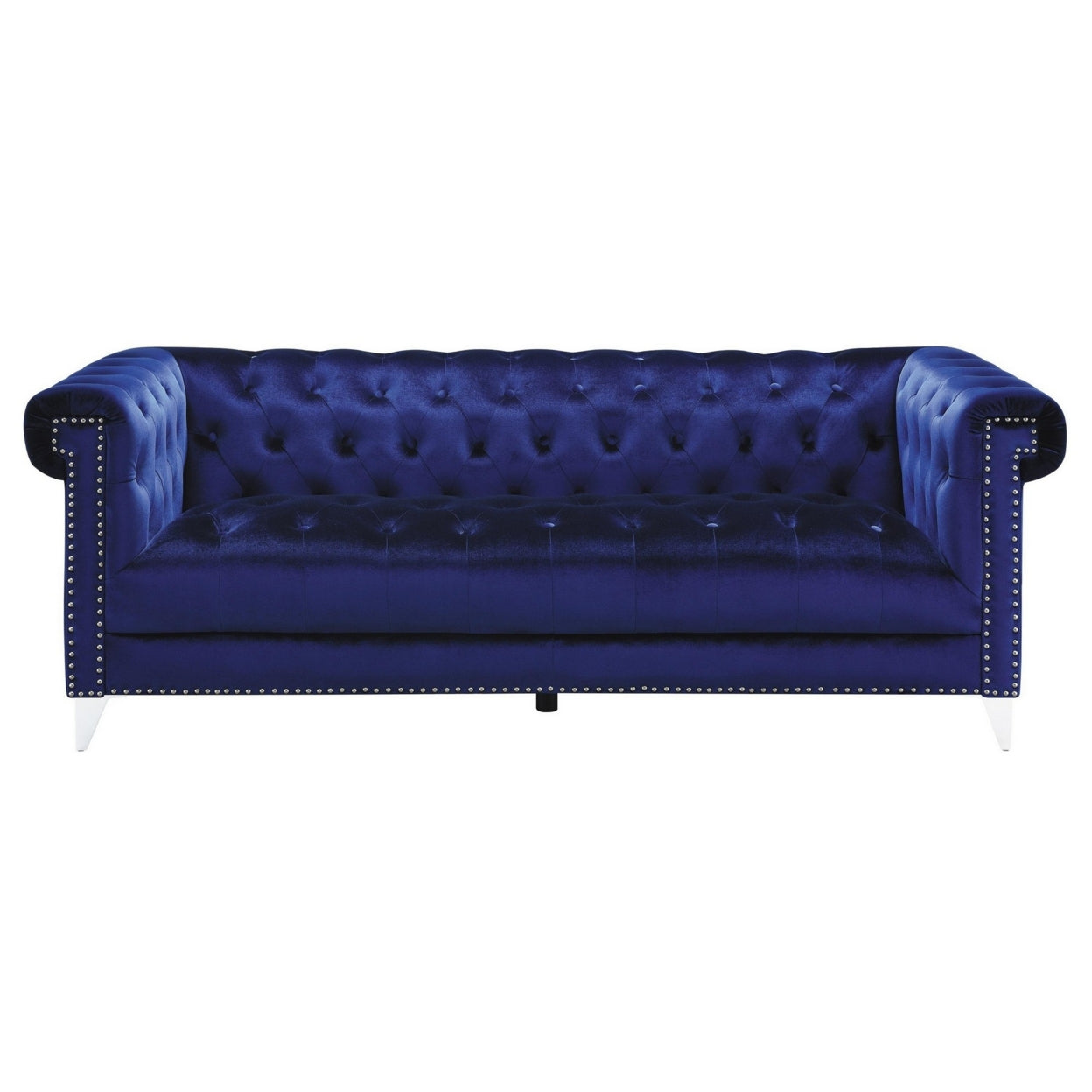 Gavin 83 Inch Modern Tuxedo Sofa, Deep Button Tufted, Nailhead, Blue Velvet- Saltoro Sherpi