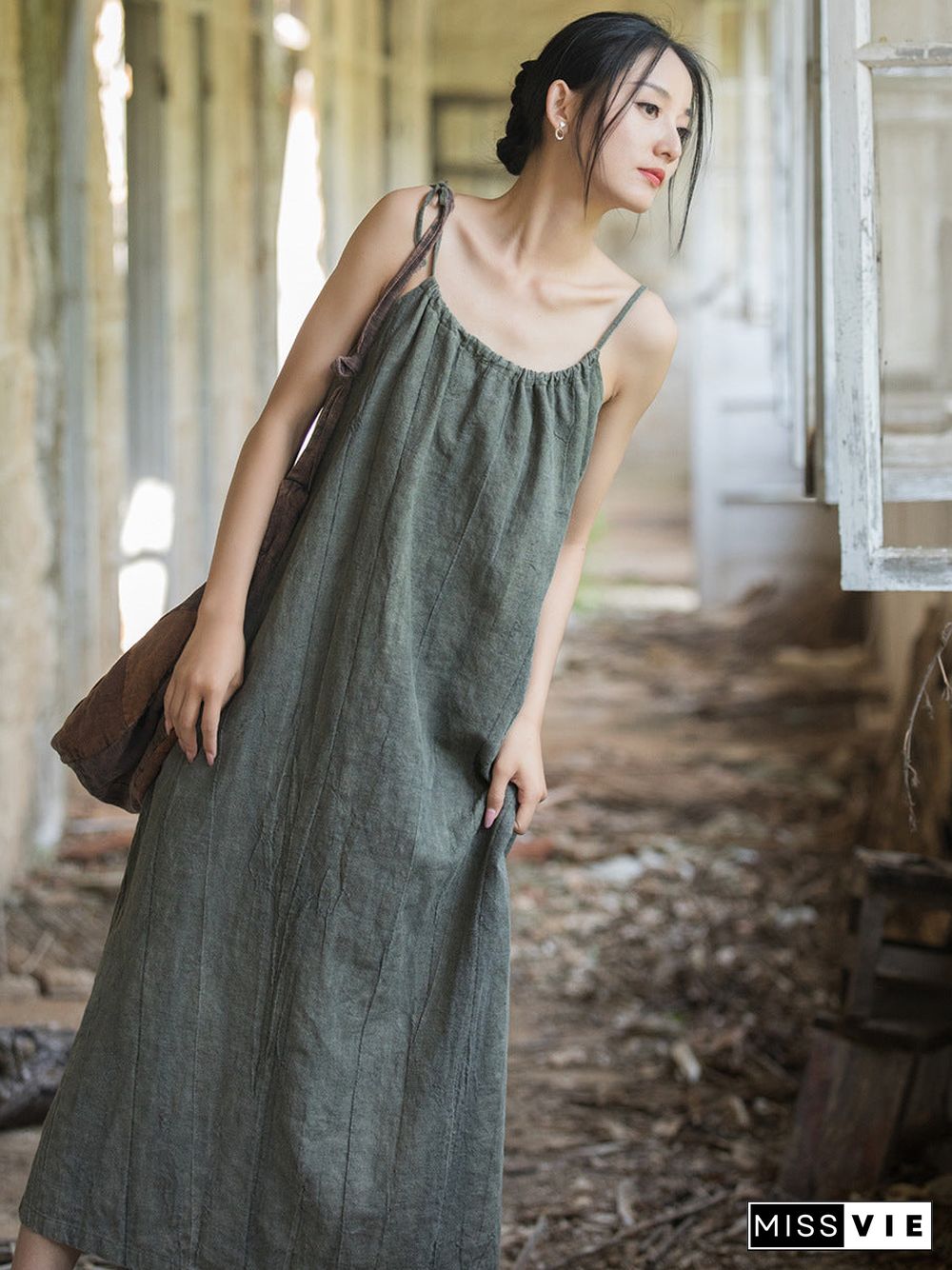 Women Summer Vintage Solid Loose Vest Dress