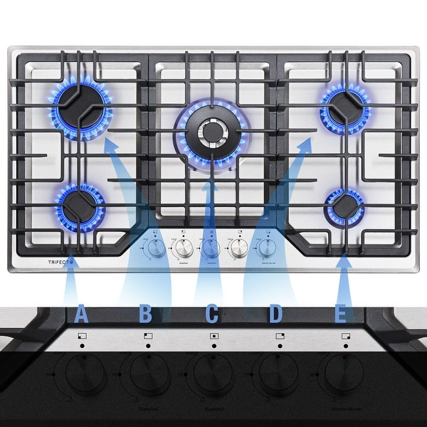 36 in. Stainless Steel Gas Cooktop，NG/LPG Convertible Gas Burners，5 Burners Gas Stovetop with grill pan.