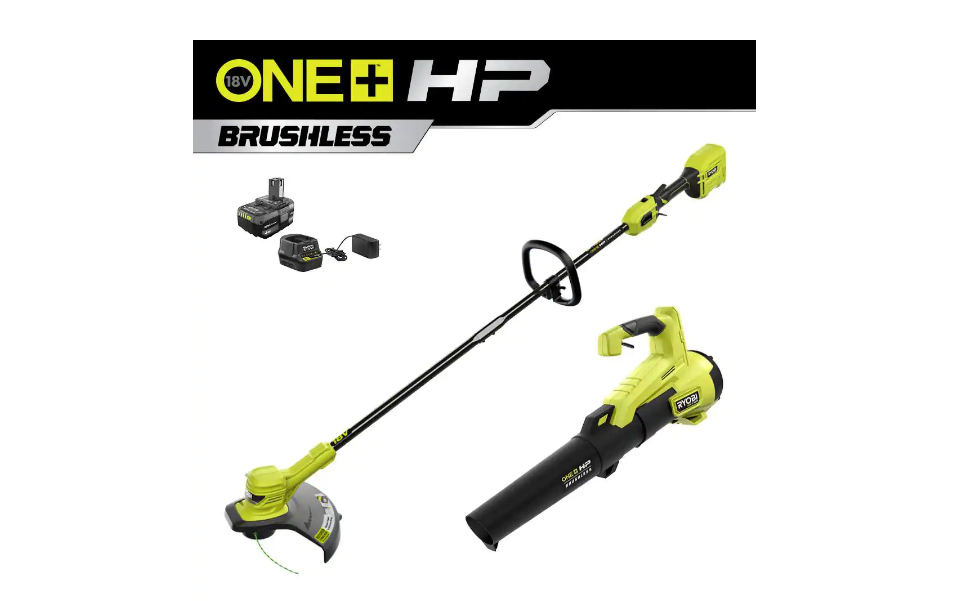 RYOBI P20121VNM ONE+ HP 18V Brushless Cordless Battery String Trimmer and Leaf Blower Combo Kit with 4.0 Ah Battery and Charger