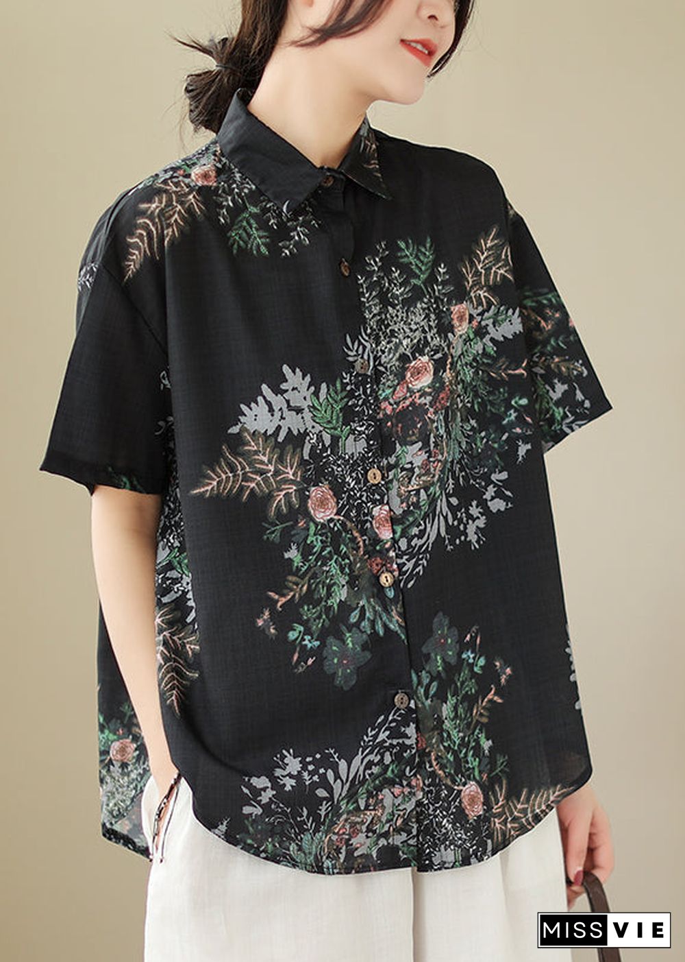 Organic Black Oversized Print Linen Blouses Summer