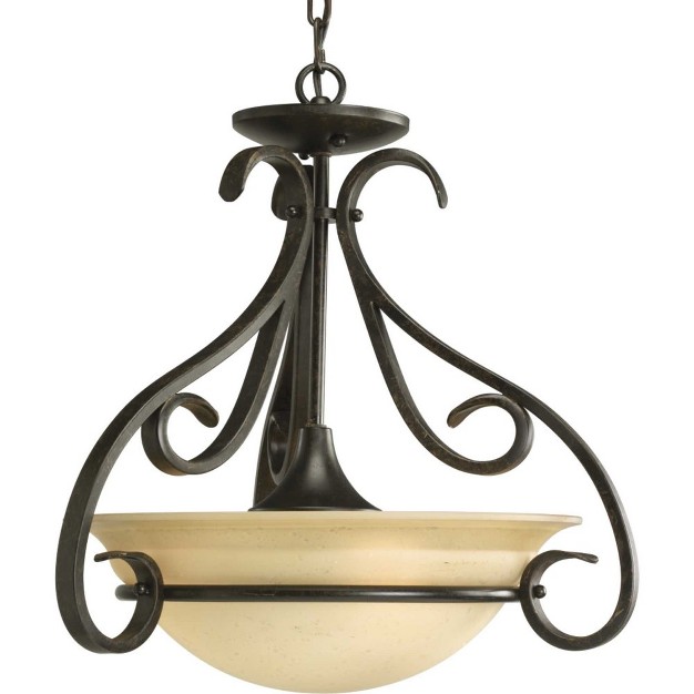 Progress Lighting Torino 3 light Semi flush In Forged Bronze With Etched White Glass Bowl