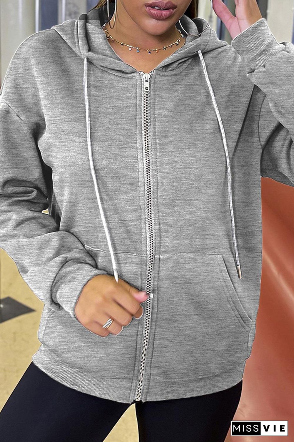 Plain Drawstring Hoodie Zipper Sweatshirt Coat