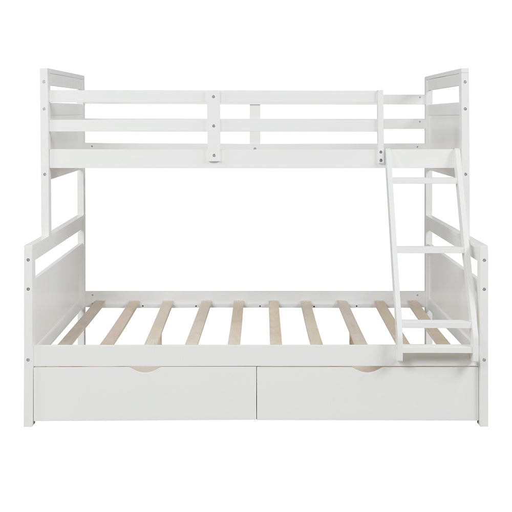 Twin Over Full Bunk Bed, Solid Wood Bed Frame with Two Storage Drawers, Ladder and Safety Guardrail for Kids Guest Room Bed (White)