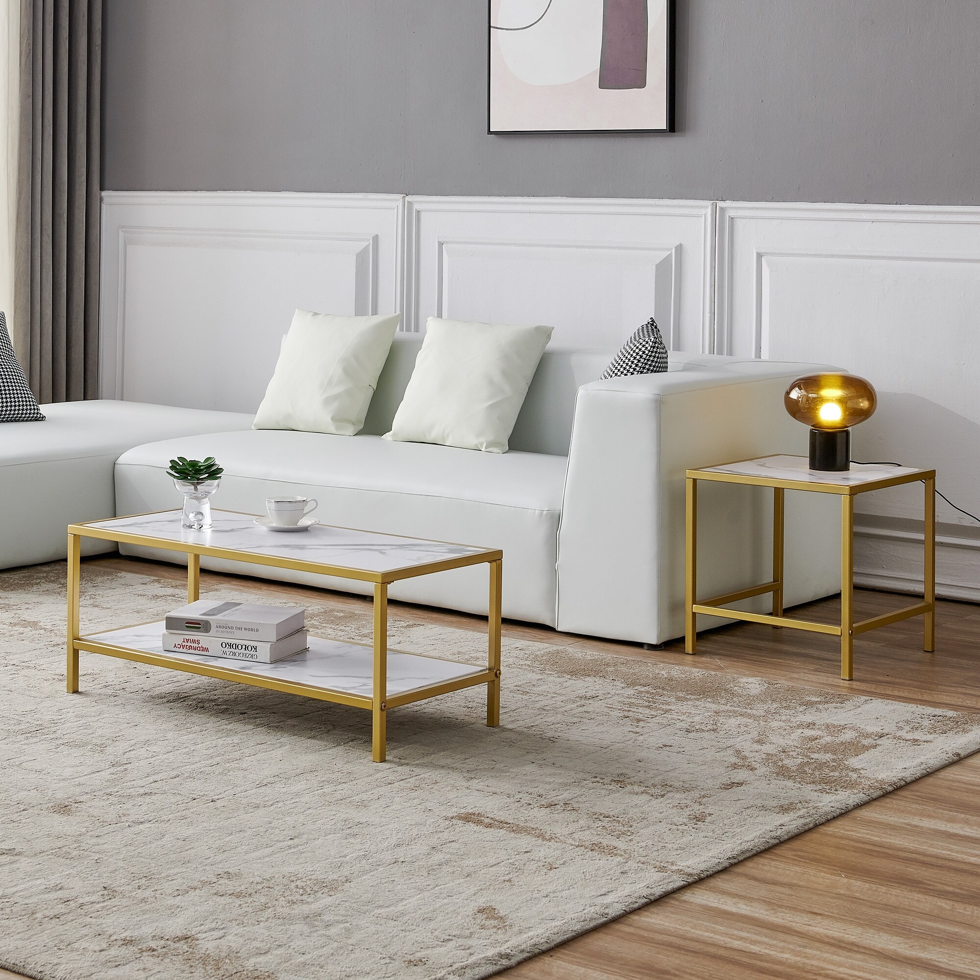 Modern Coffee Table Side Table，Gold Metal Frame with Marble Color Top