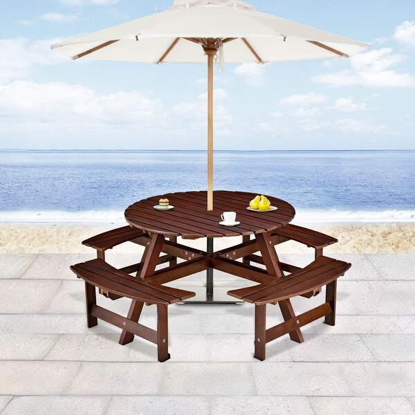 Wood Round Picnic Tables Set with Umbrella Hole and Benches