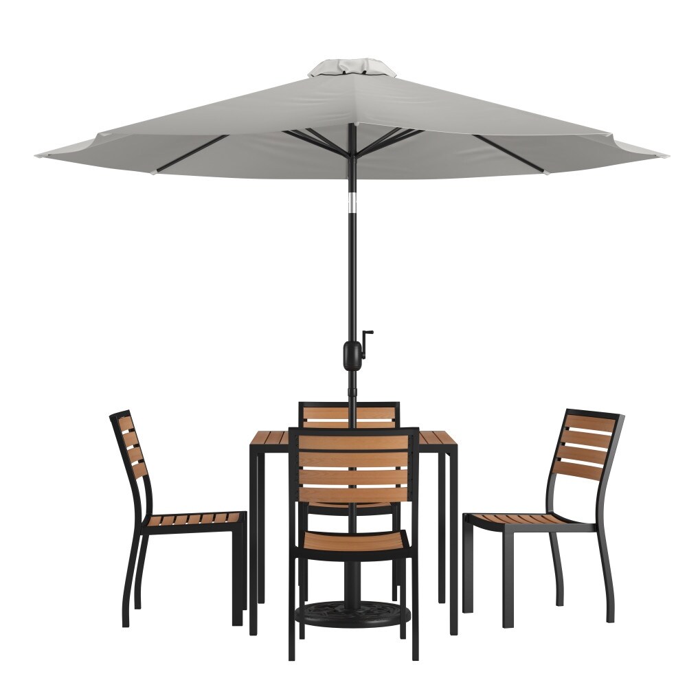 Faux Teak Patio Table  4 Chairs   9FT Patio Umbrella with Base