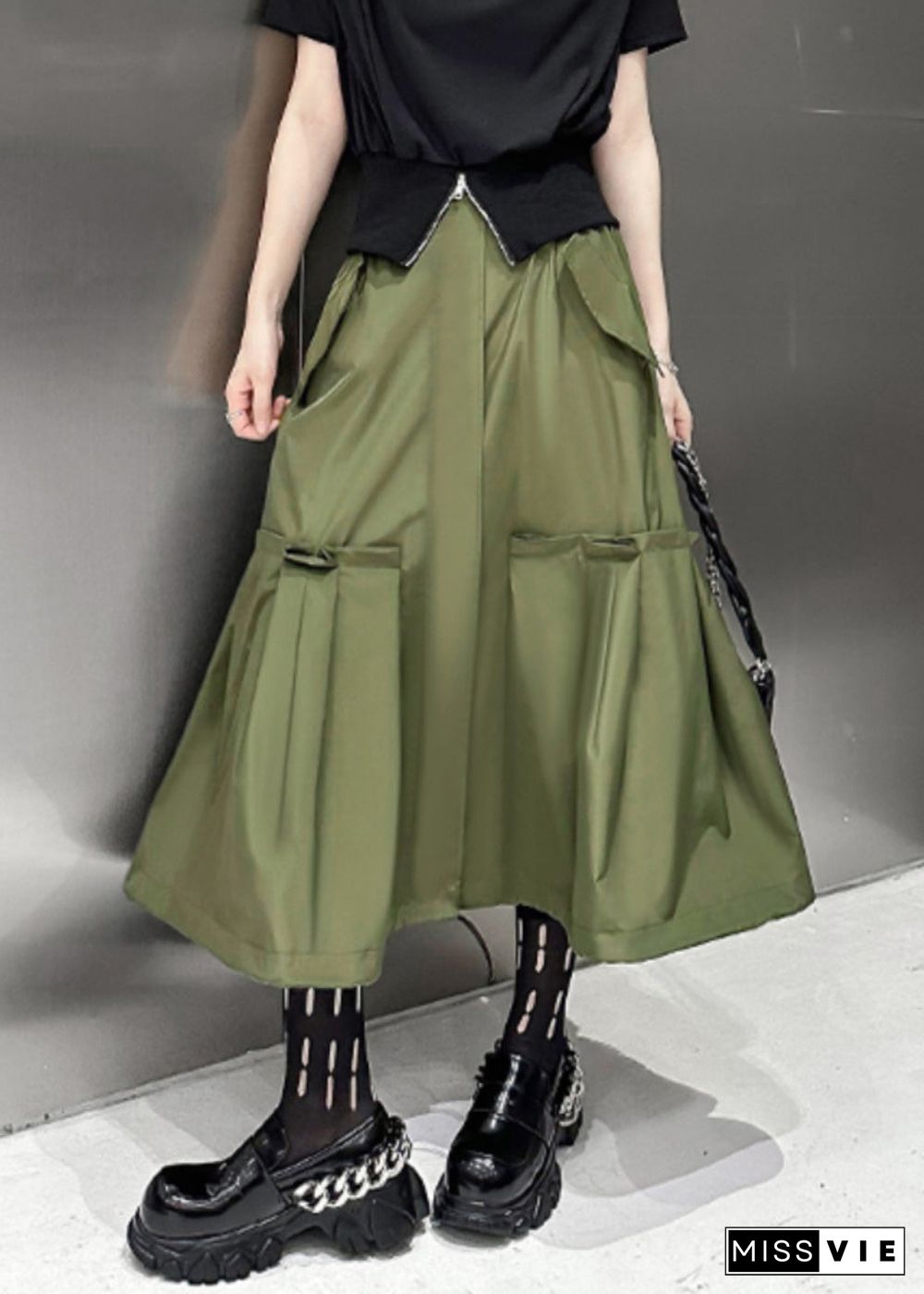 New Army Green Pockets High Waist Patchwork Cotton A Line Skirts Fall