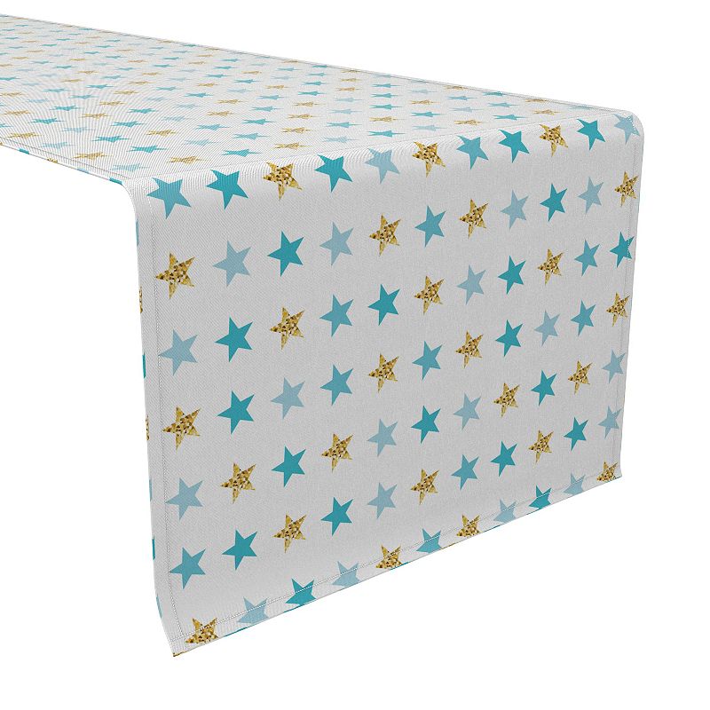 Table Runner， 100% Cotton， 16x90， Golden Blue Stars