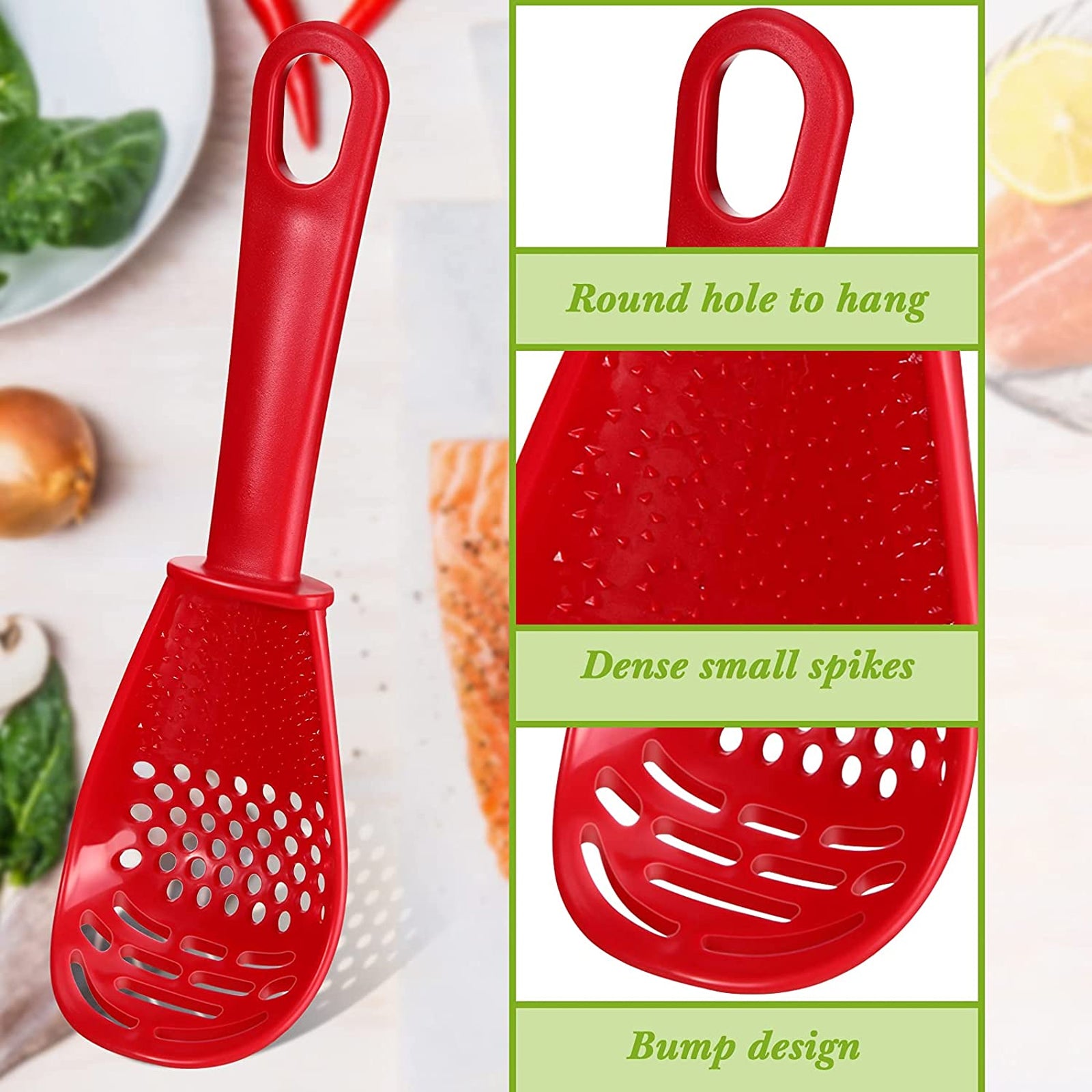 2pcs Multifunctional Cooking Spoon Strainers, TSV Strainers for Kitchen Tools Small Silicone Spatula Spoon, Skimmer Scoop Colander Strainer Grater Masher (Red and Black)