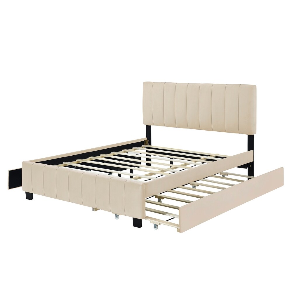 Queen Size Velvet Upholstered Platform Bed with Twin XL Size Trundle Bed  2 Storage Drawers and Headboard