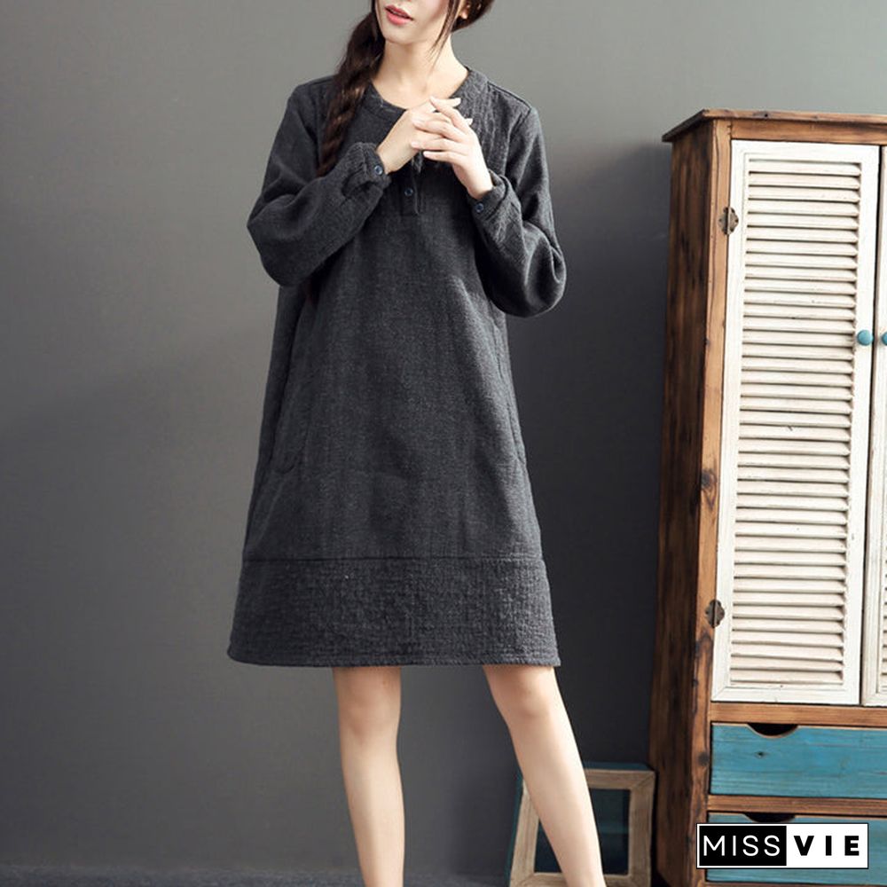 gray warm cotton linen dresses plus size casual long sleeve mid dress