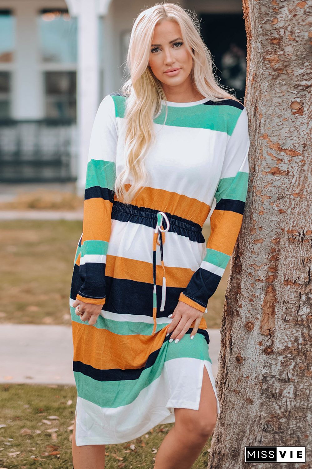 Green Multicolor Block Drawstring Waist Long Sleeve Midi Dress