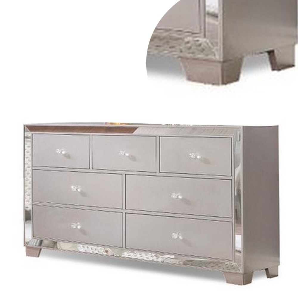 Eli 57 Inch Deluxe 7 Drawer Dresser  Mirrored Trim  Wood Frame  Silver