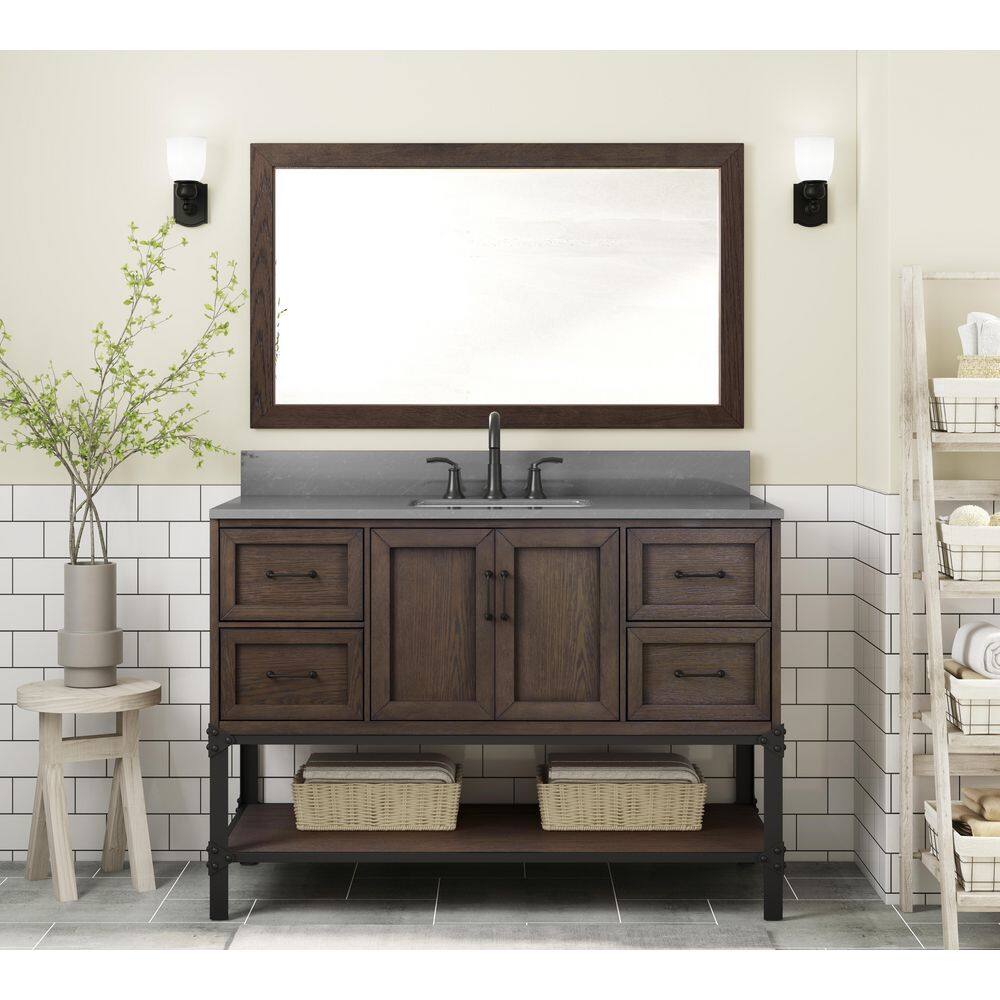 Home Decorators Collection Alster 46 in. W x 30 in. H Large Rectangular Single Wood Framed Wall Bathroom Vanity Mirror in Brown Oak TJ-0401M3046BR