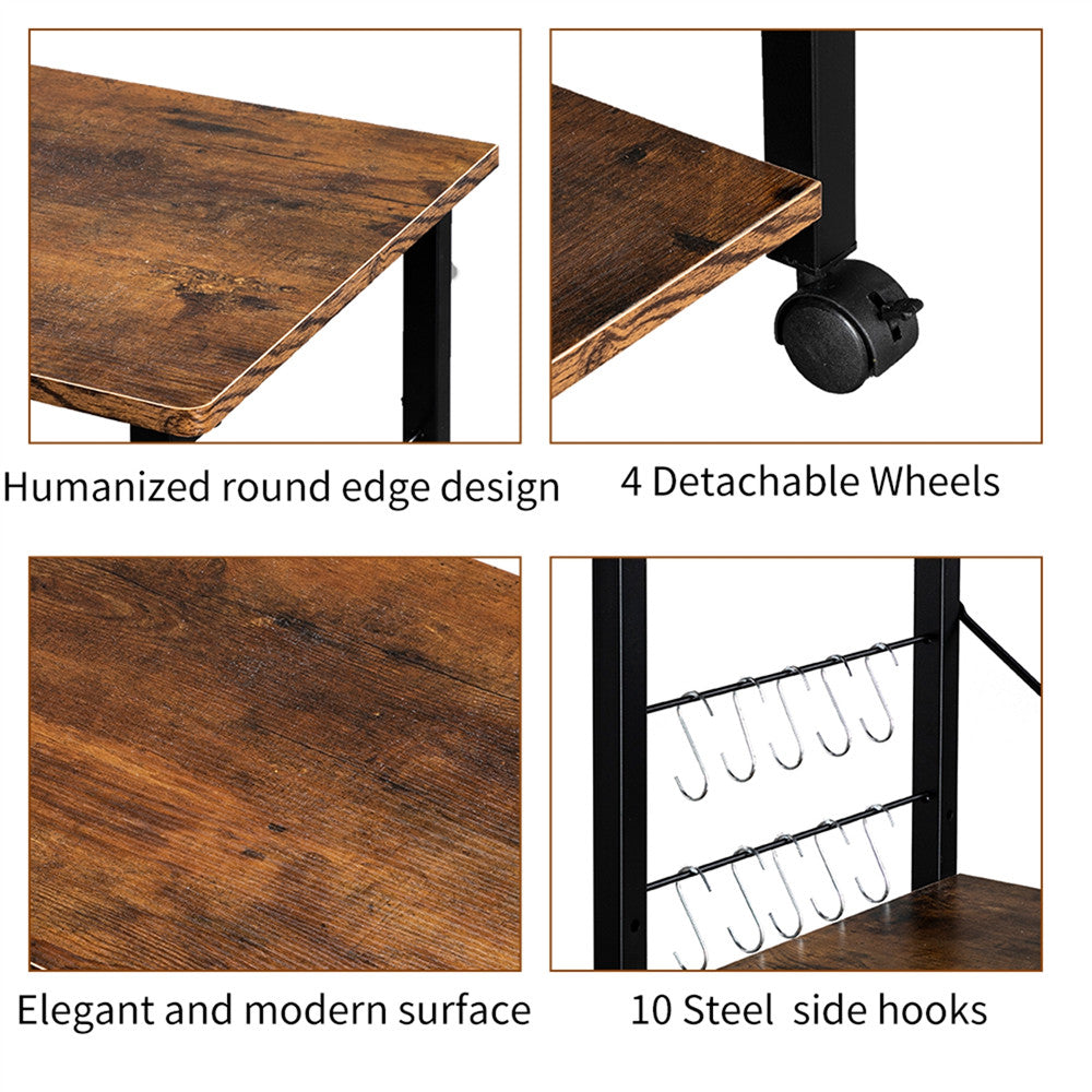 Kitchen Baker’s Rack 3 Tiers Rolling Utility Cart with Hooks Industrial Style Microwave Oven Cart Stand for Living Room Dining Room