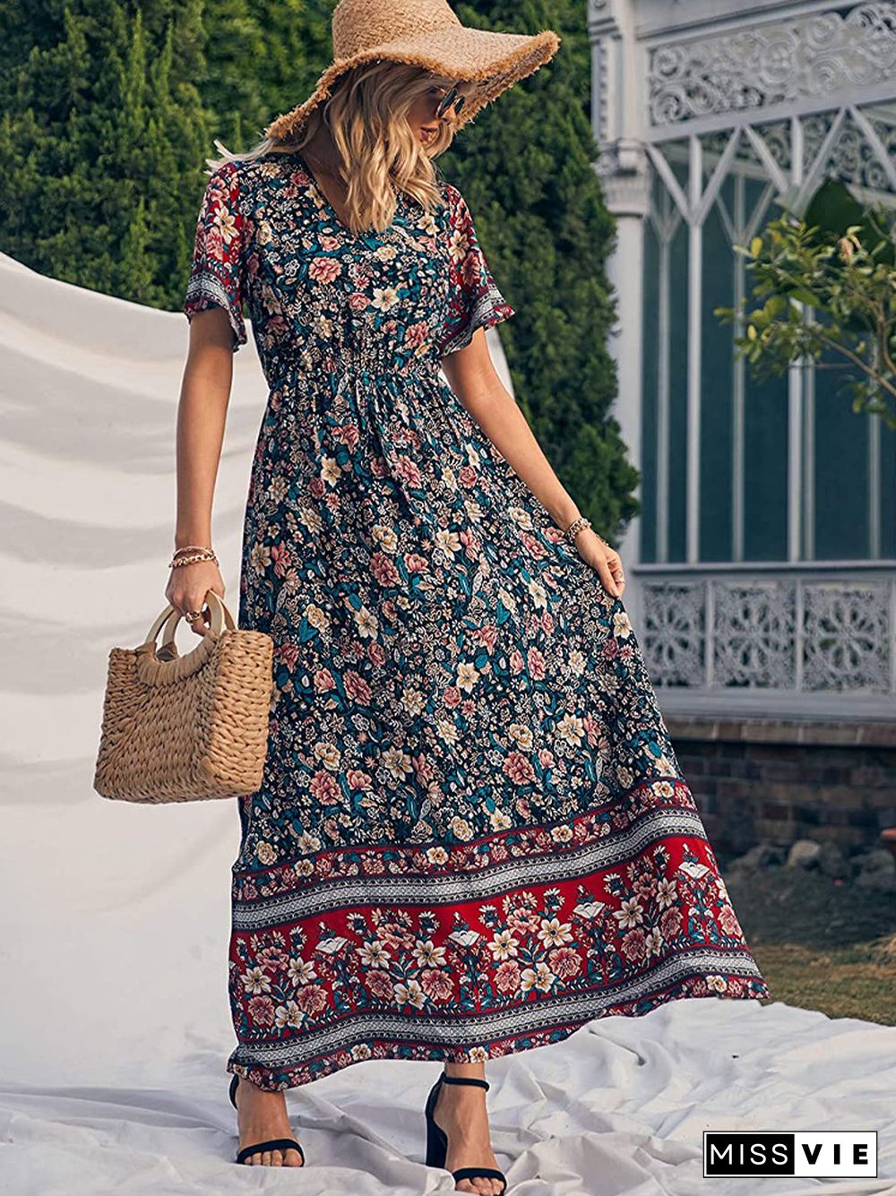 Bohemian Print V-neck Waist Dress Resort Beach Dress