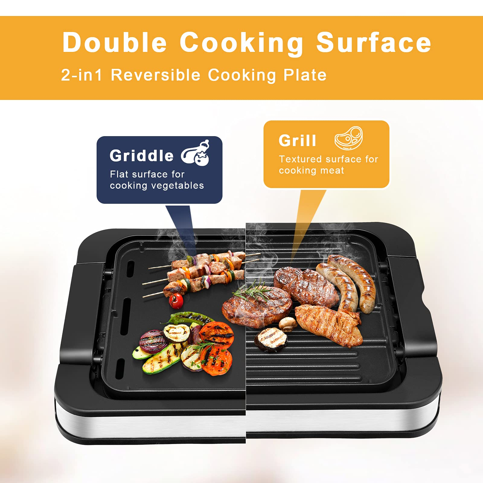 Costzon Indoor Smokeless Grill, 1500W Electric BBQ Griddle Contact Grilling with Removable Drip Tray