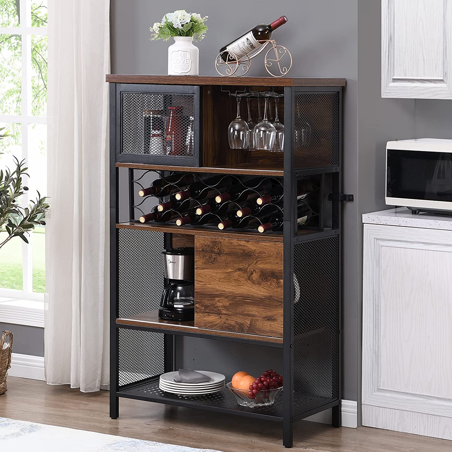 Brown Kitchen Storage Cabinet， Industrial Bar Cabinet with Wine Rack for Liquor and Glasses， 5-Tier Sideboard Buffet for Kitchen Dining Room with Sliding Door and Shelves