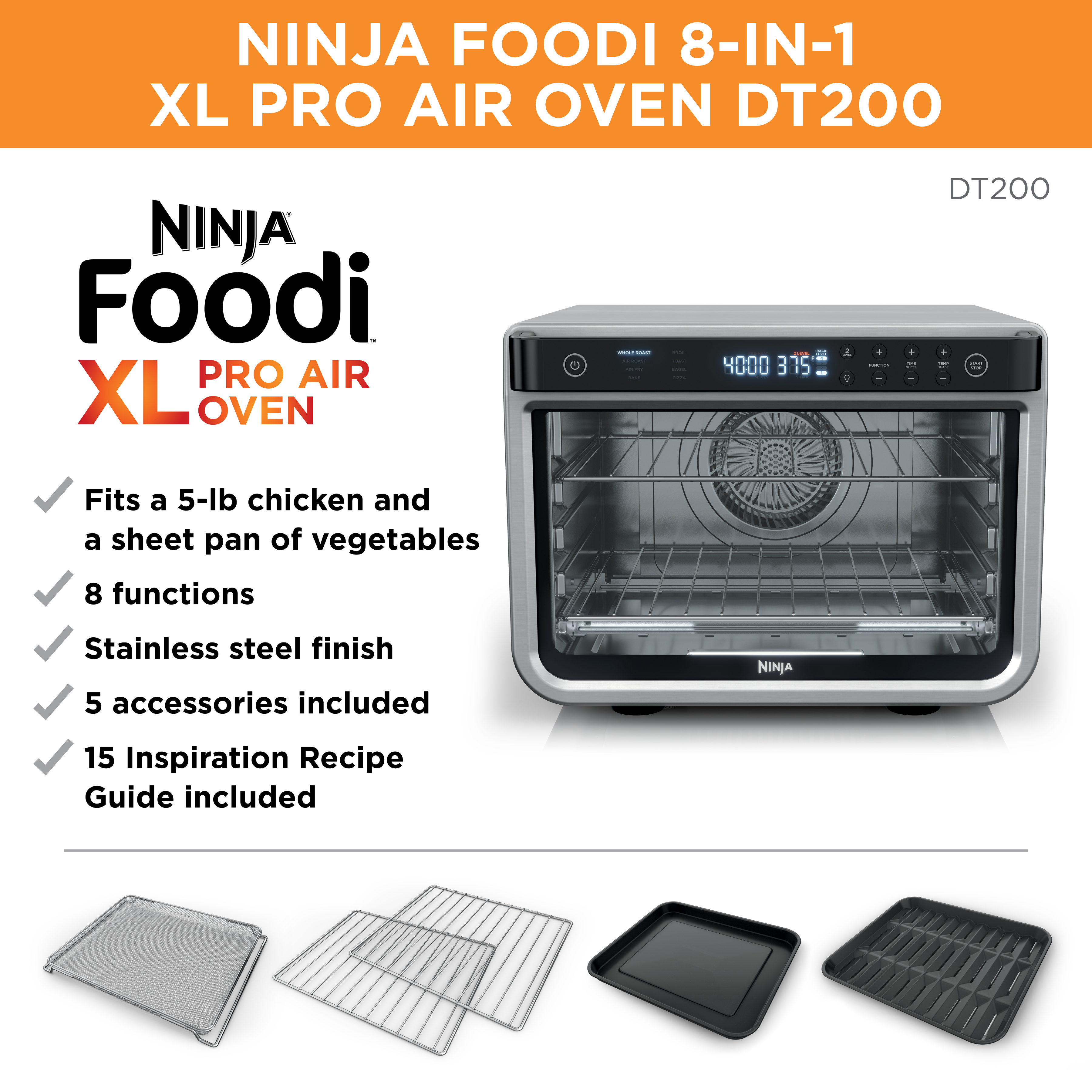 Ninja Foodi 8-in-1 XL Pro Air Fry Oven， Large Countertop Convection Oven， DT200