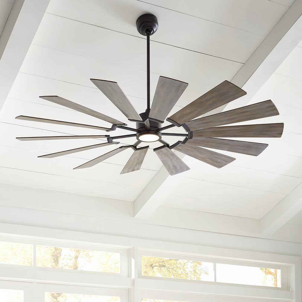 Generation Lighting Prairie 72 in. LED IndoorOutdoor Aged Pewter Ceiling Fan with Light Grey Weathered Oak Blades Light Kit and Remote 14PRR72AGPD