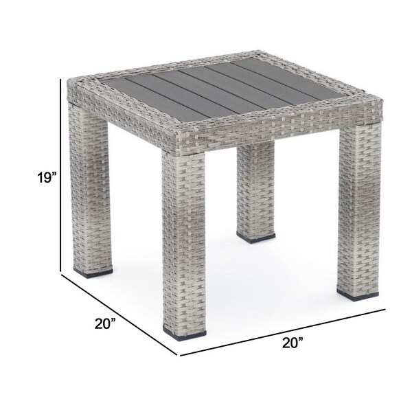 Max 20 Inch Outdoor Side Table， Gray Faux Wood Frame， Woven Resin Wicker - 19 H x 20 W x 20 L Inches