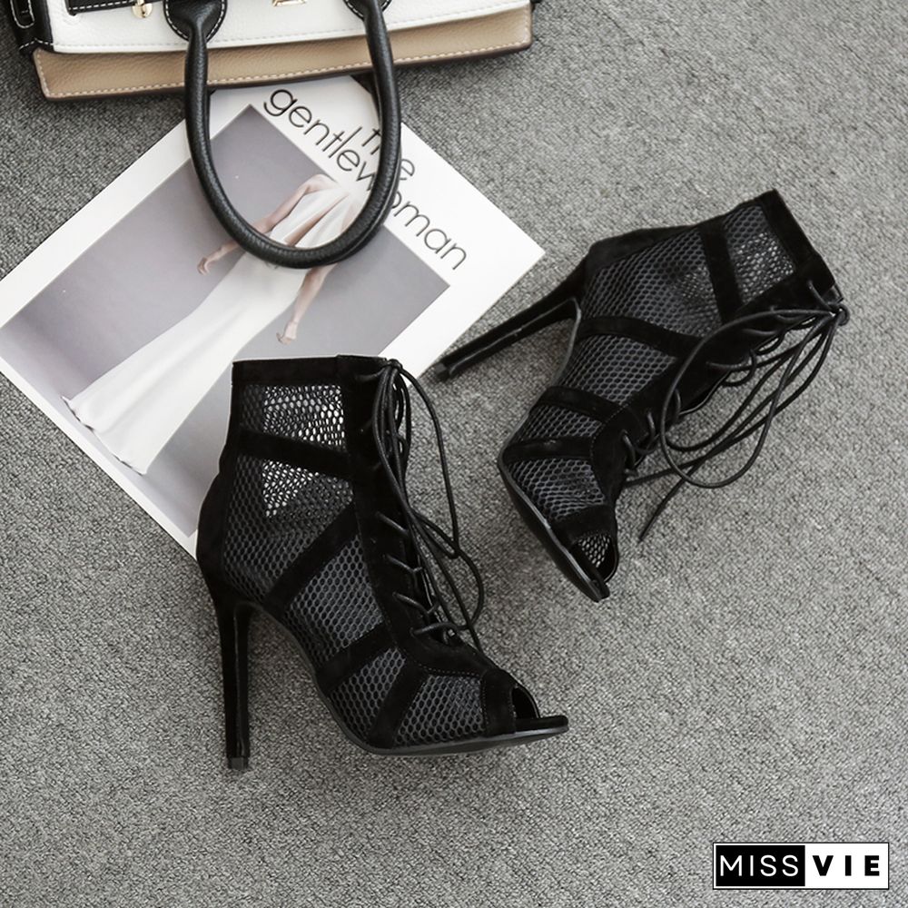 New Fashion Show Black Net Suede Fabric Cross Strap Sexy High Heel Sandals Woman Shoes Pumps Lace-up Peep Toe Sandals