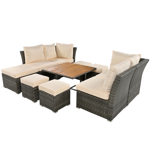 UStyle 9Piece Outdoor Conversation Set with Solid Wood Coffee Table，Ottomans，and Cushions