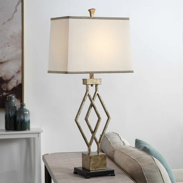 StyleCraft Vintage Gold Table Lamp - White Hardback Fabric Shade