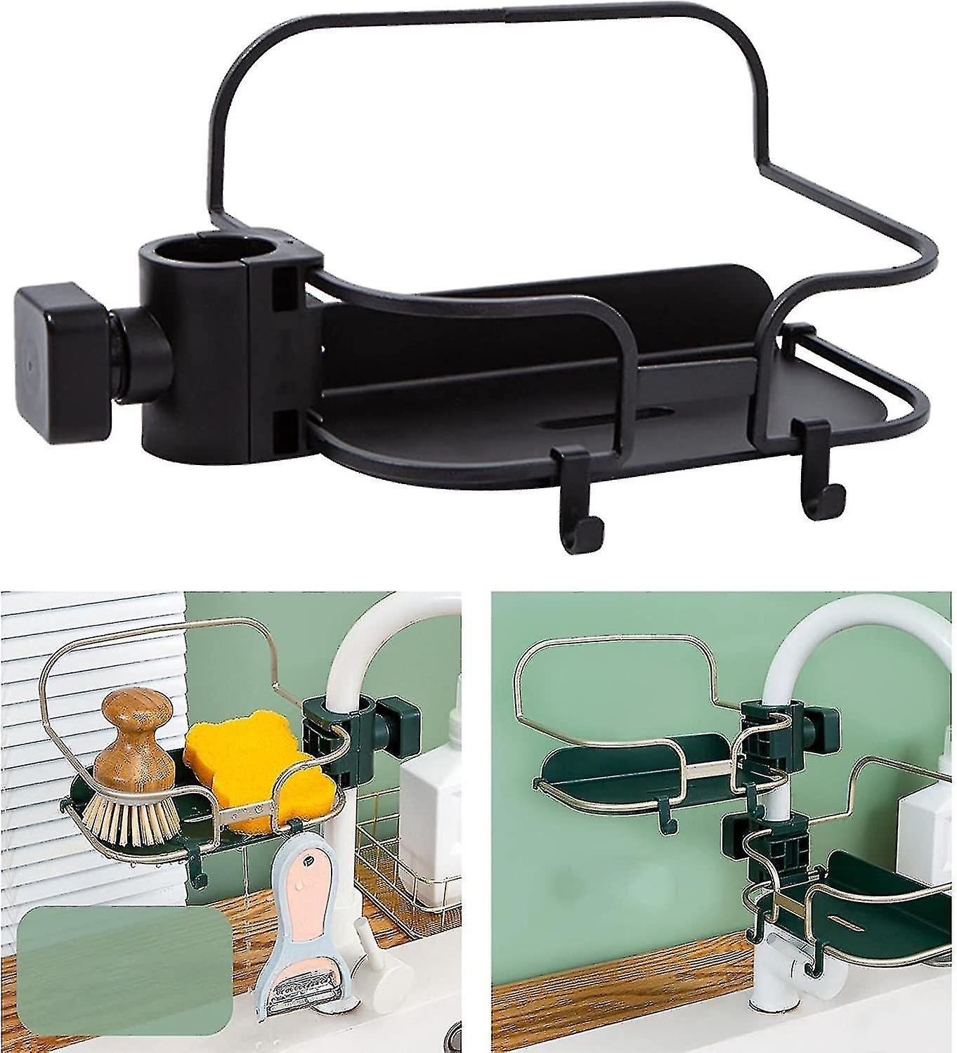 Metal Storage Rack Hanging Sink Organizer Kitchen Faucet Sponge Holder For Bathroom Kitchen (black)