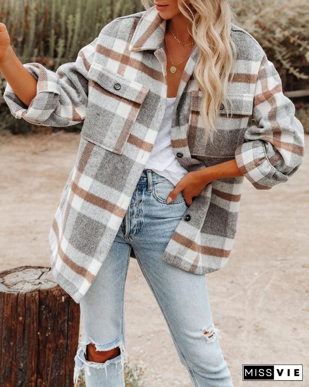 Autumn Winter Women's Clothing Popular Autumn Winter Long Sleeve Loose Plaid Shirt Wool Coat Women Jackets