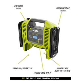 RYOBI ONE+ 18V Cordless Dual Function Portable InflatorDeflator with HIGH PERFORMANCE 4.0 Ah Battery and Charger Kit P747-PSK004