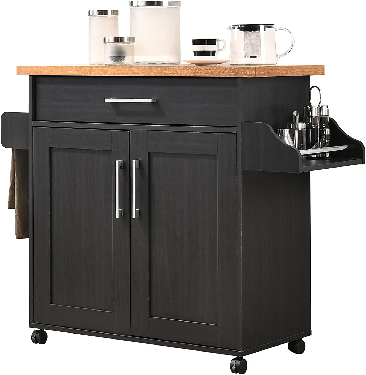 Hodedah Kitchen Island with Spice Rack， Towel Rack and Drawer， Black with Beech Top