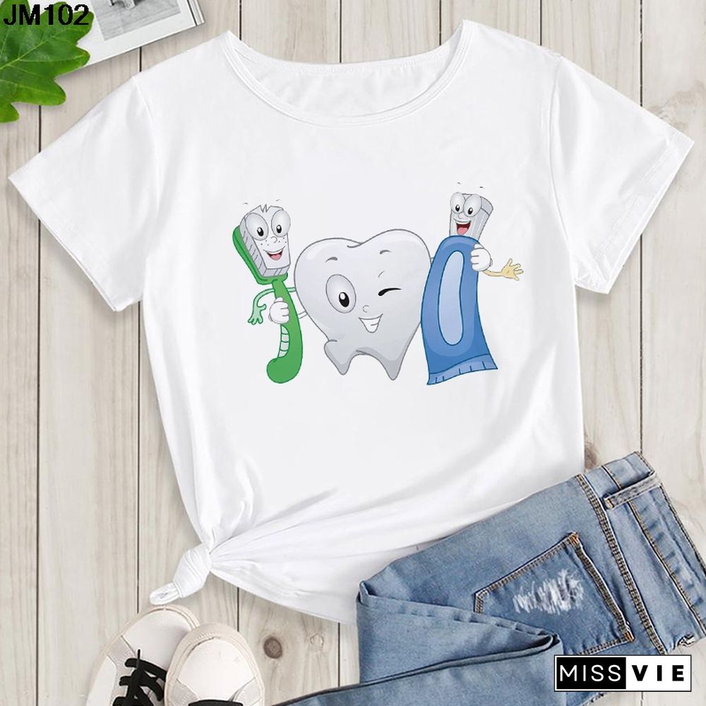 Aesthetic Funny Tooth Dentist Print Female Clothing T-shirt 90s Harajuku Kawaii O-neck Tshirt Summer Fashion Women's Top T Shirt