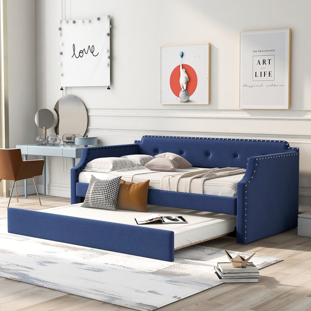 Twin Size Upholstered Daybed with Trundle  Sofa Bedframe with Wood Slat Support  for Livingroom Bedroom  No Box Spring Required