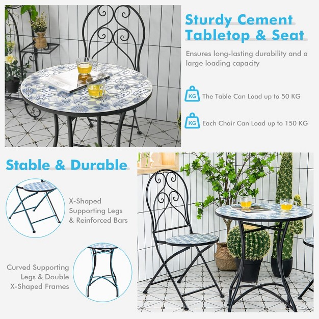 Tangkula 3pcs Patio Mosaic Design Folding Chairs Side Table Set Bistro Set Classic Furniture Chair Set For Garden