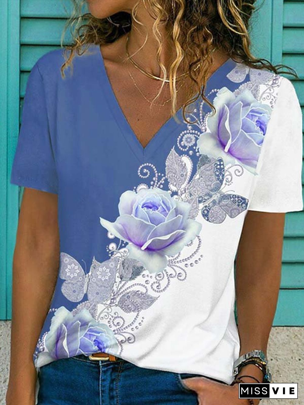 Casual V neck Floral Short Sleeve T-Shirt